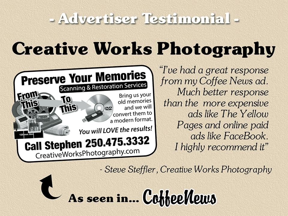 Creative Works Photography testimonial in Coffee News