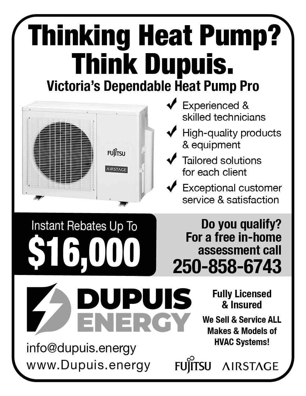 Dupuis Energy Heat Pumps Air Conditioning HVAC Victoria BC March 2026 Ad in Coffee News