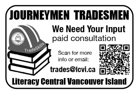 Literacy Central Vancouver Island Tradesmen survey June 2025 Ad in Coffee News