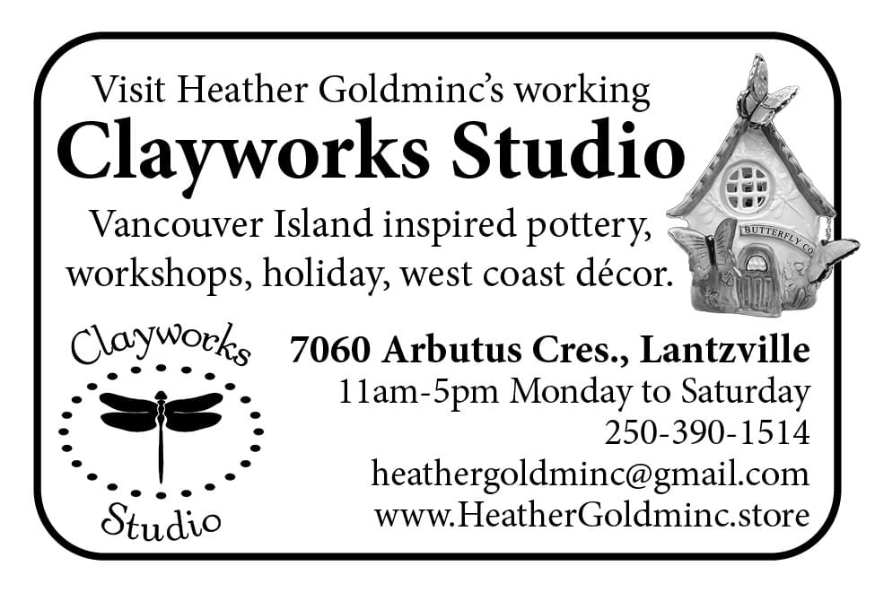 Clayworks Studio Vancouver Island inspired pottery Lantzville BC Ad in Coffee News 