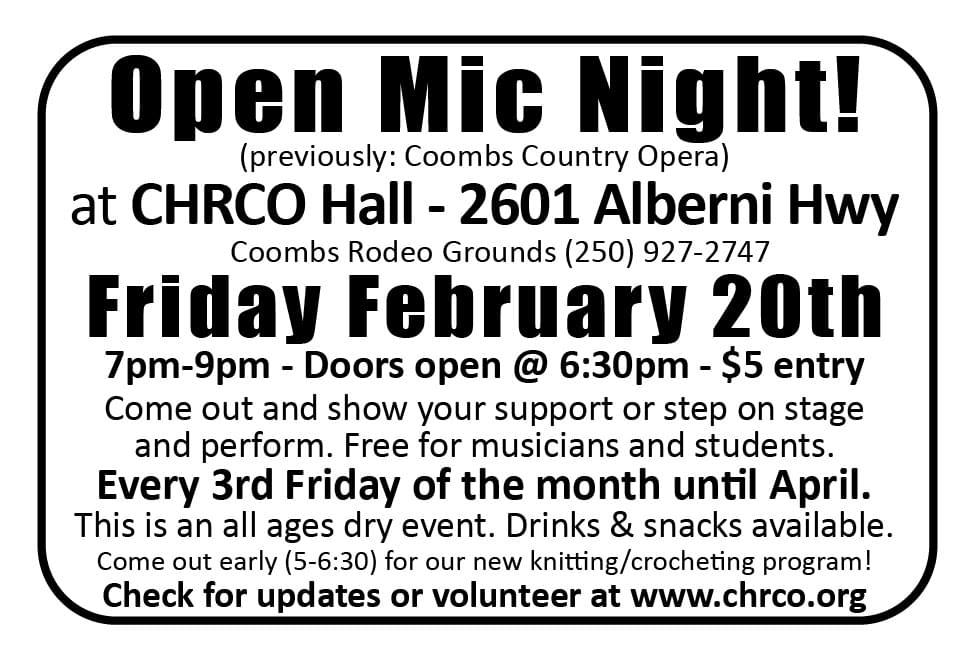 Volunteers Needed at CHRCO Hall Parksville Qualicum Nanaimo BC Ad in Coffee News