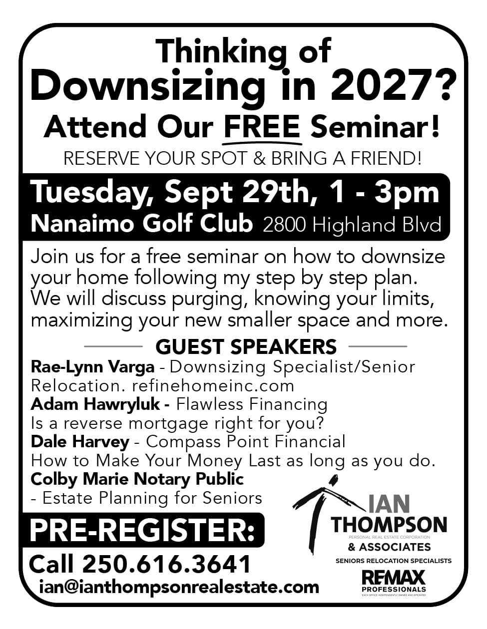 Ian Thompson Downsizing Seminar Nanaimo BC September 2026 Ad in Coffee News