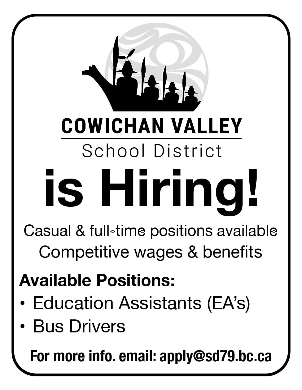 Cowichan Valley School District is hiring EA's and Bus Drivers November 2024ad in Coffee News