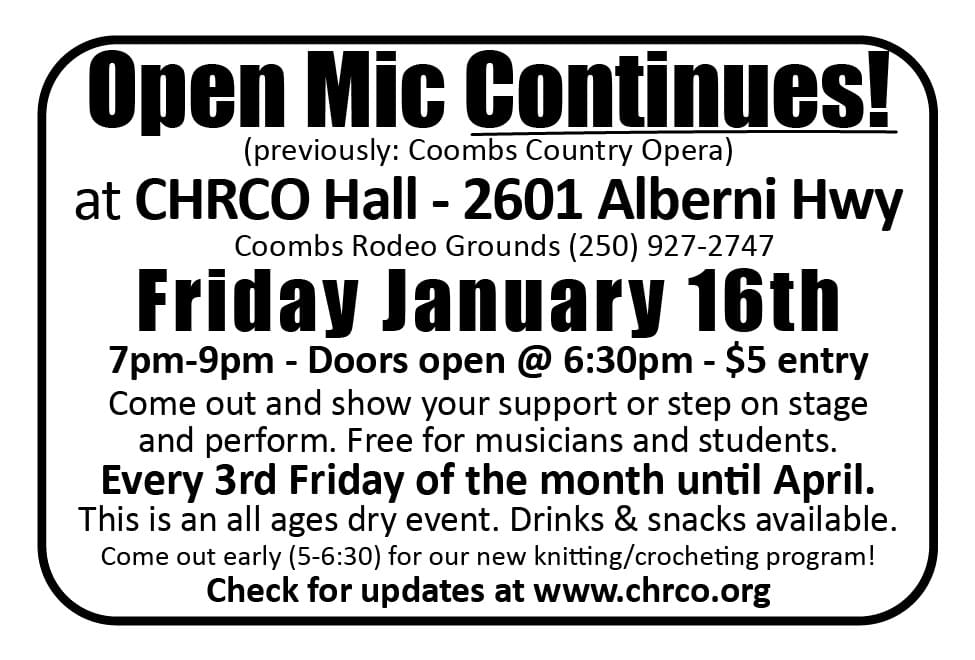 Open Mic in Coombs Ad in Coffee News Vancouver Island BC