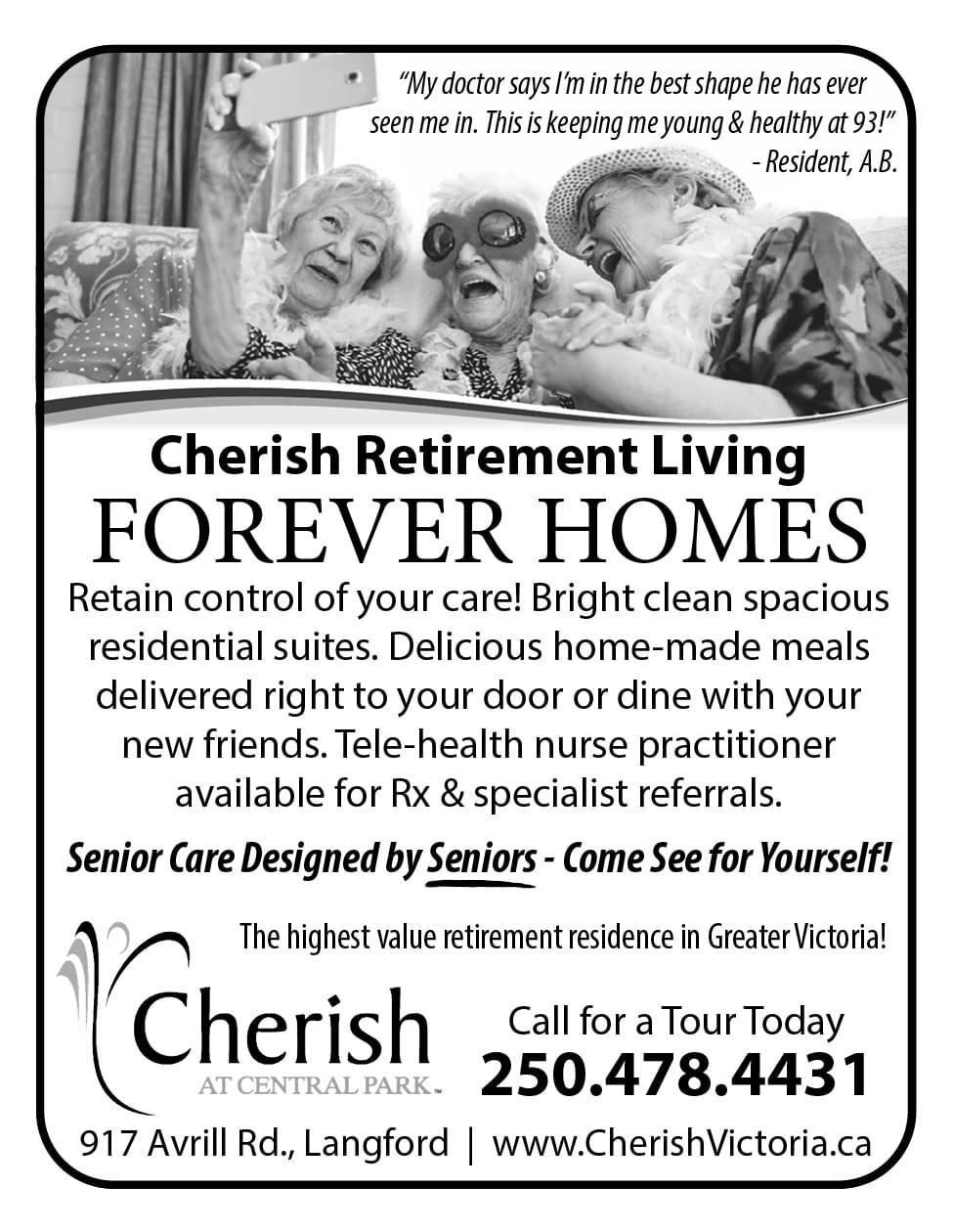 Cherish at Central Park Retirement Living Victoria Langford BC September 2024 Ad in Coffee News