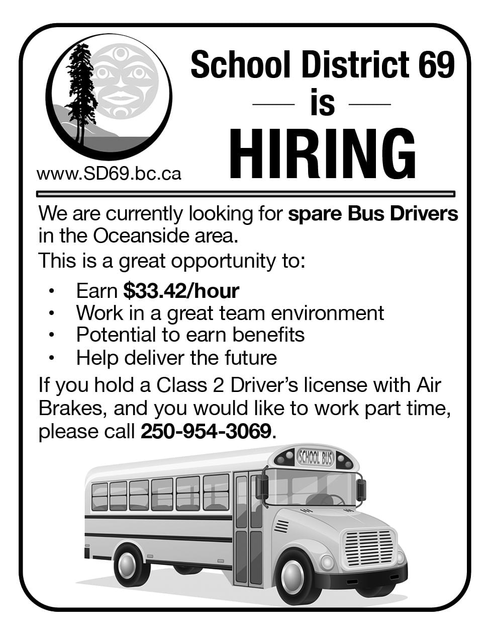 School District 69 hiring bus drivers Ad in Coffee News