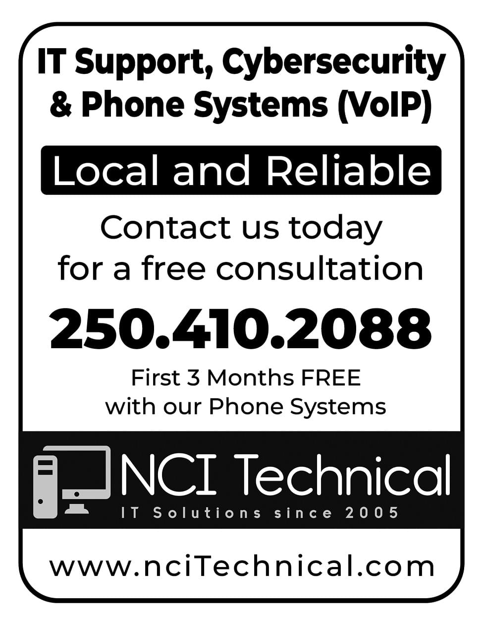 NCI Technical IT Support Cybersecurity and Phone System VoIP NanaimoBC Ad in Coffee News