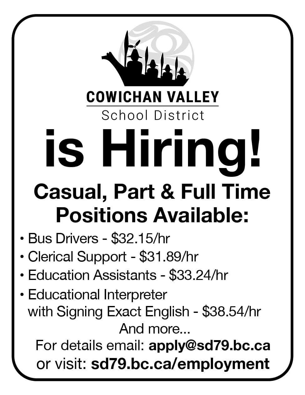 Cowichan Valley School District Now Hiring Fall ad in Coffee News 