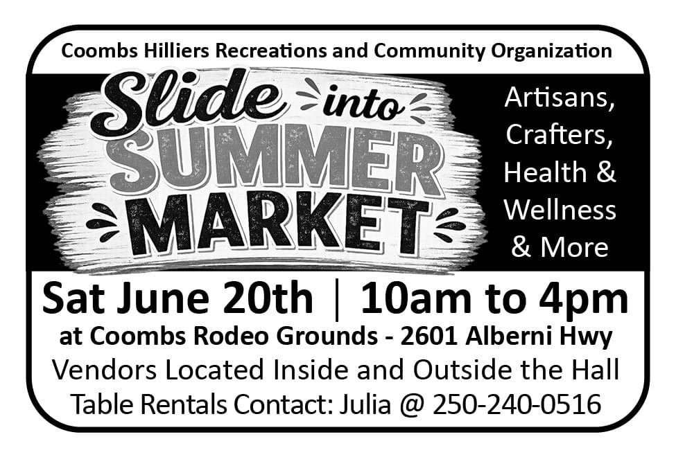 Slide into Summer Market at CHRCO Hall May 23 2026 Parksville Qualicum Nanaimo BC Ad in Coffee News