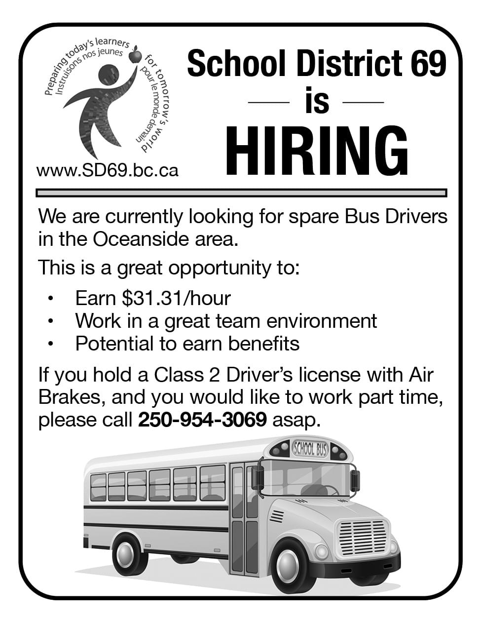 School District 69 is Hiring Bus Drivers Qualicum Parksville Ad in Coffee News