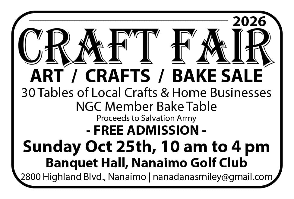 Craft Fair and Nanaimo Golf Club Sunday October 25th 2026 BC Ad in Coffee News