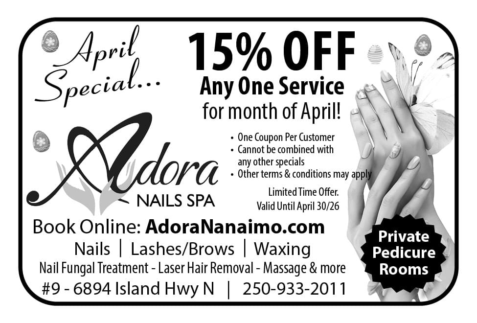 Adora Nails Spa Nanaimo Nails Lashes Brows Waxing ad in Coffee News