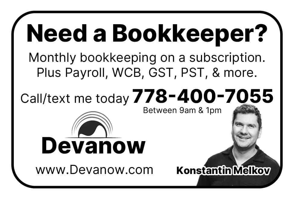 Devanow Bookkeeping plus payroll, wcb, gst, pst and more Victoria BC Vancouver Island Bookkeeper Ad in Coffee News 