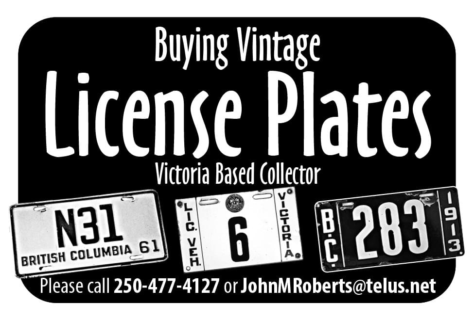 We Buy Vintage License Plates John Roberts Victoria BC Ad in Coffee News
