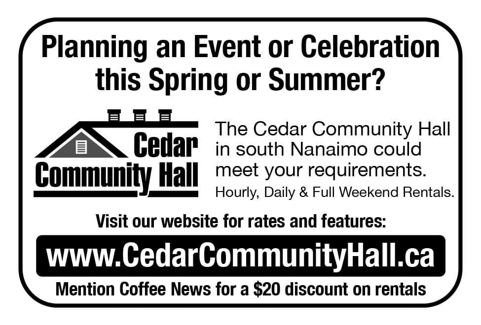 Cedar Community Hall rentals in Nanaimo BC ad in Coffee News