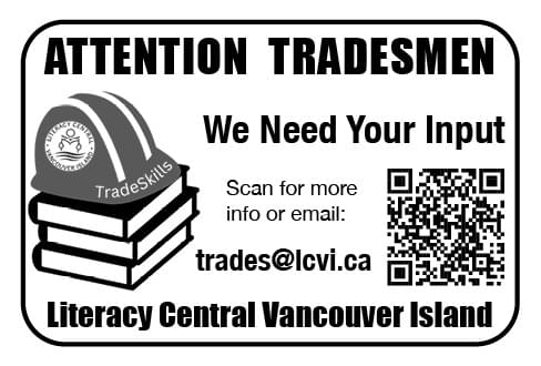 Literacy Central Vancouver Island Tradesmen survey June 2025 Ad in Coffee News