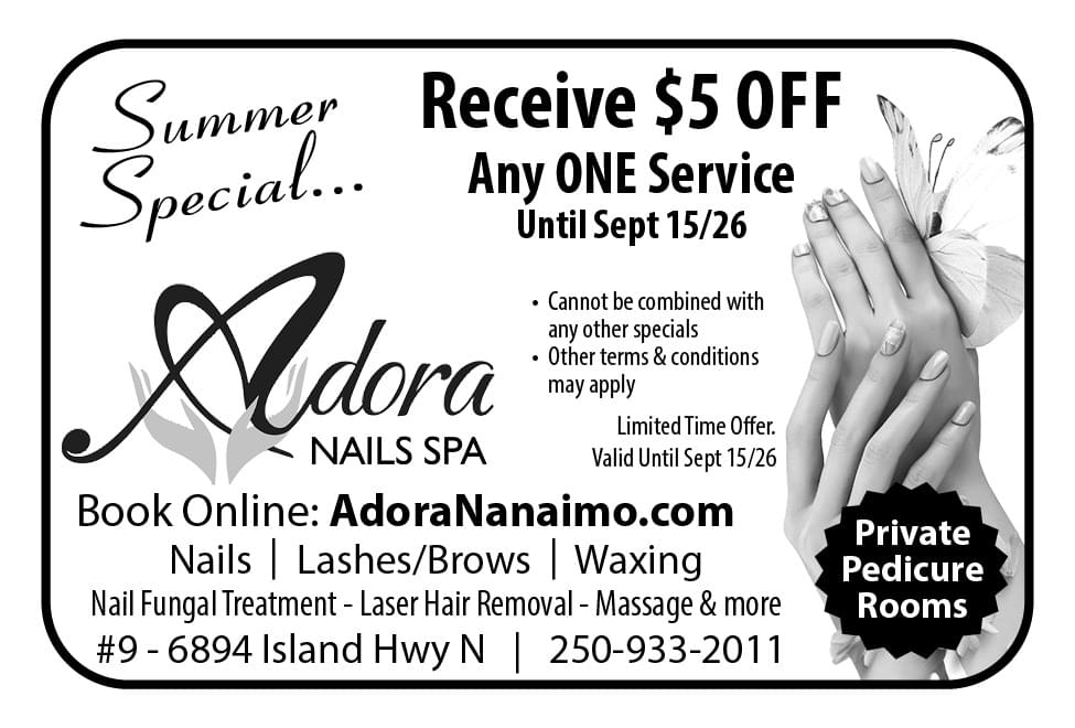 Adora Nails Spa Nanaimo Nails Lashes Brows Waxing ad in Coffee News