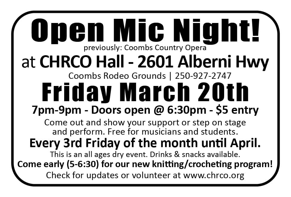 Open Mic Night at CHRCO Hall Parksville Qualicum Nanaimo BC Ad in Coffee News