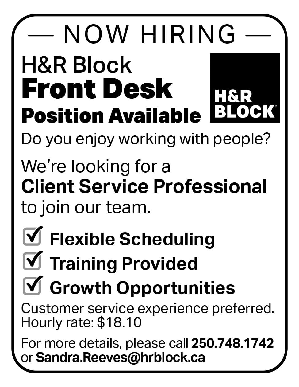 H&R Now Hiring Front Desk Position for Duncan BC Ad in Coffee News