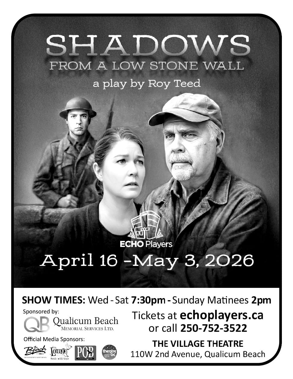 Shadows from a low stone wall presented by Echo Players at the Village Theatre Qualicum Beach BC April 2026 Ad in Coffee News