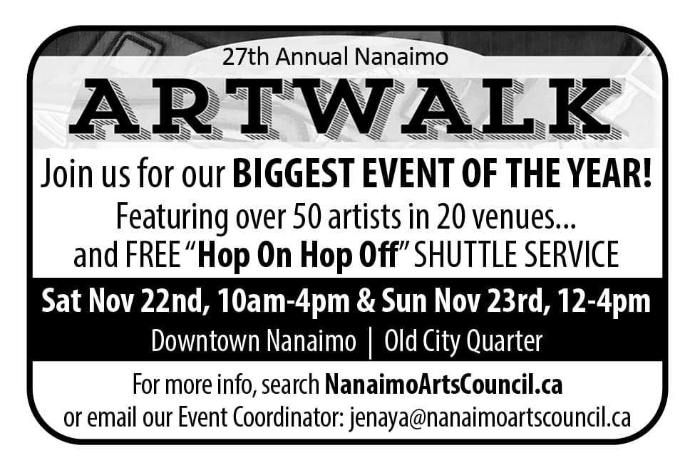 27th Annual Nanaimo Artwalk Sat Nov 22nd and Sun Nov 23rd 2025 ad in Coffee News