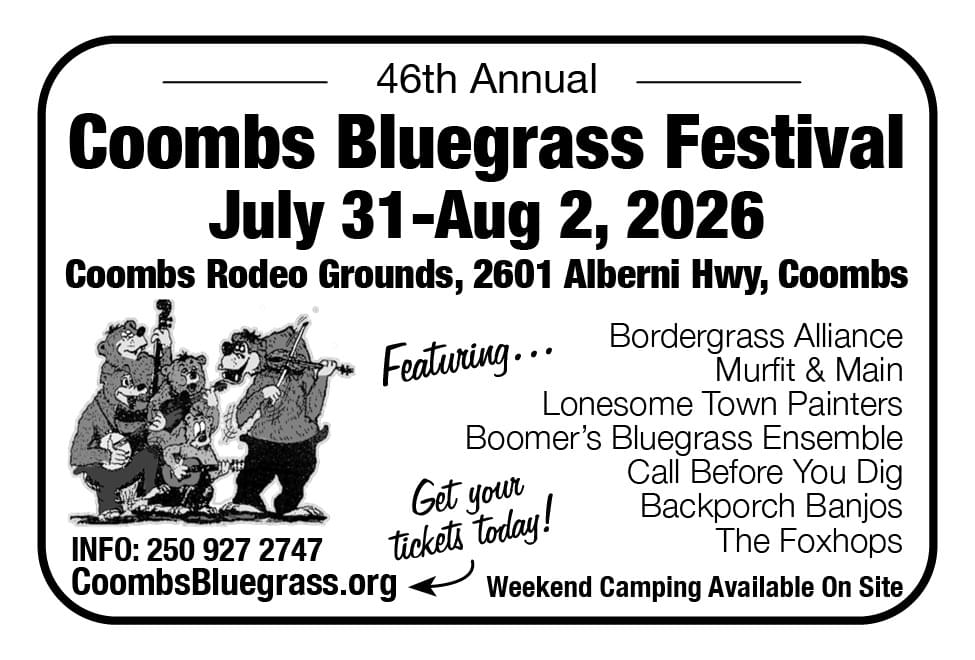 Coombs Bluegrass Festival July 31 to Aug 2 at Coombs Rodeo Grounds  Parksville Qualicum Nanaimo BC Ad in Coffee News