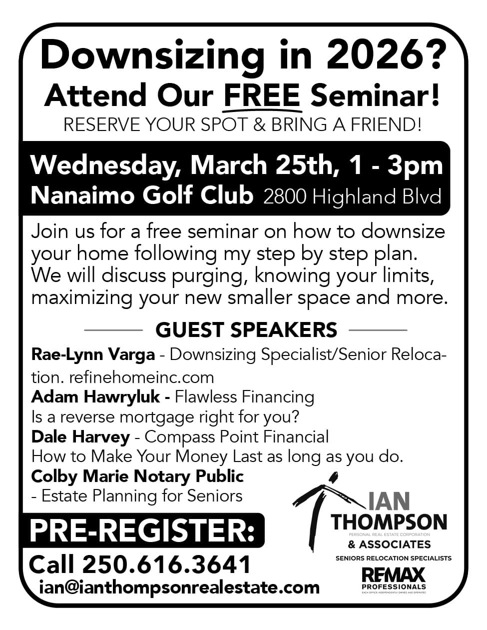 Ian Thompson Downsizing Seminar Nanaimo BC January 28th 2026 Ad in Coffee News
