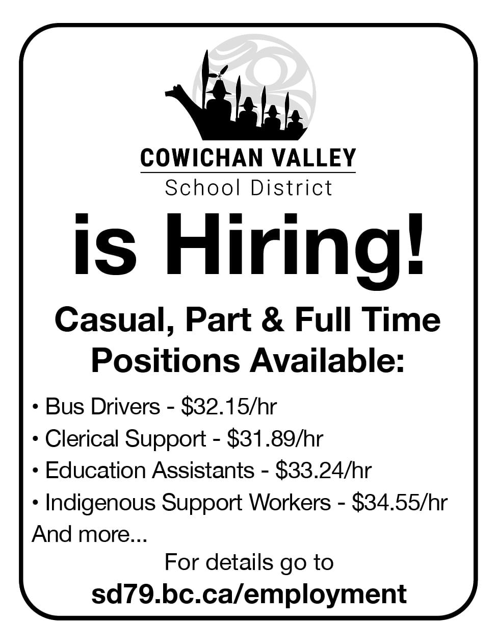 Cowichan Valley School District Now Hiring Fall ad in Coffee News 