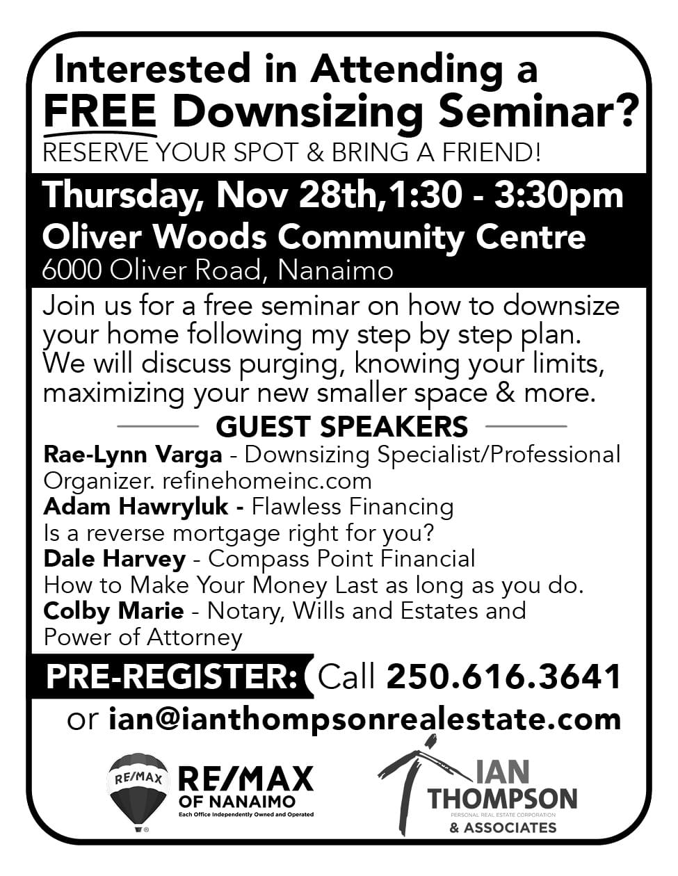 Ian Thompson Downsizing seminar Nanaimo BC November Ad in Coffee News