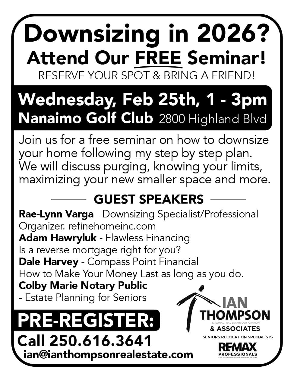 Ian Thompson Downsizing Seminar Nanaimo BC January 28th 2026 Ad in Coffee News