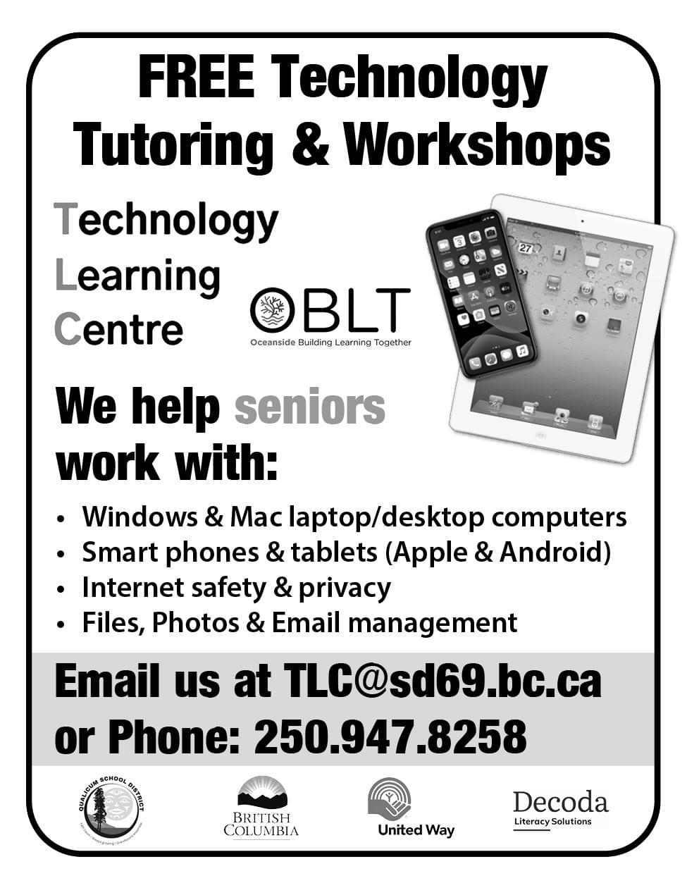 Free Technology Tutoring & Workshops for Seniors in Parksville BC - Technology Learning Centre OBLT ad in Coffee News