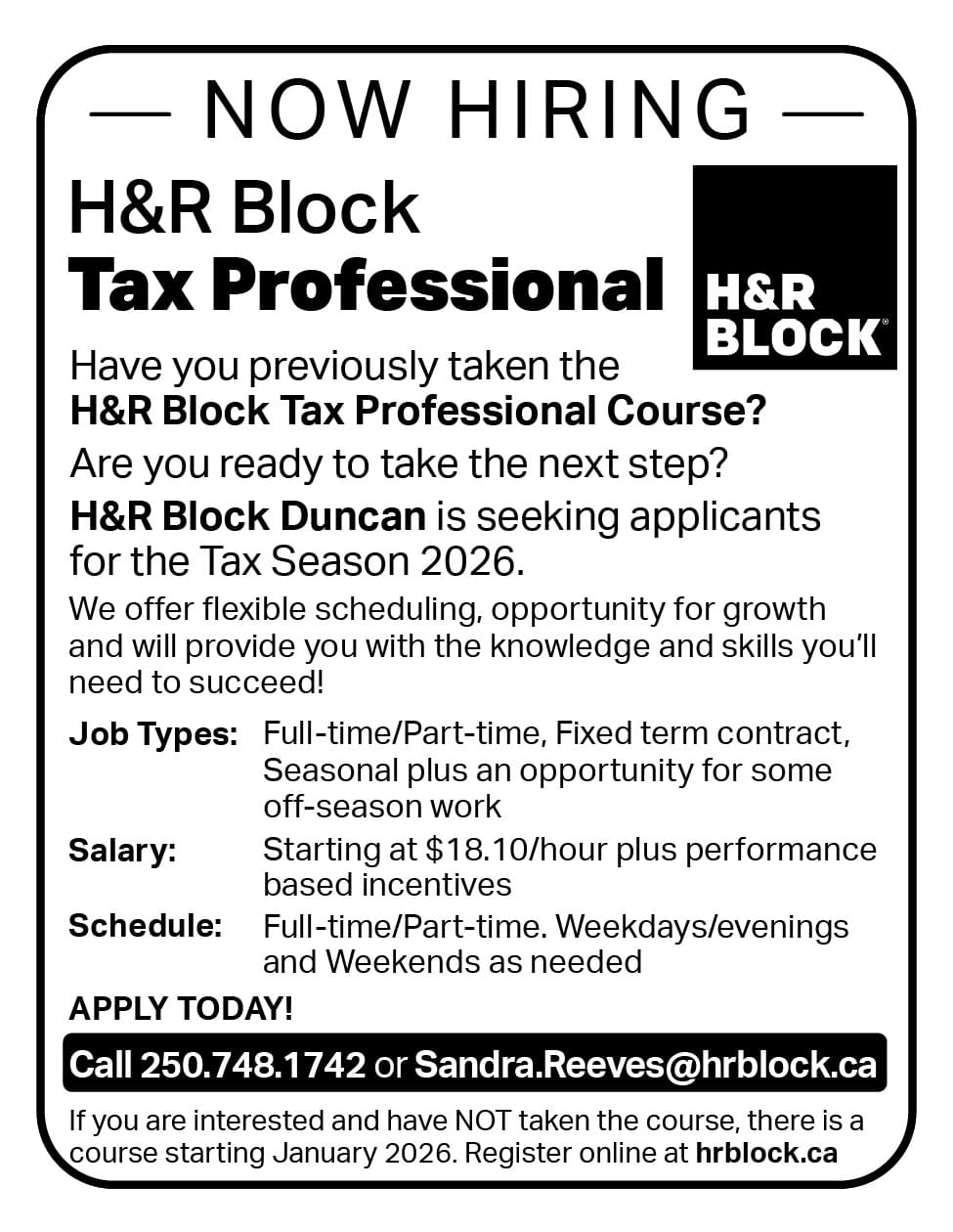 H&R Block Duncan Is Hiring Ad in Coffee News
