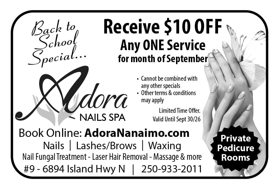 Adora Nails Spa Nanaimo Nails Lashes Brows Waxing ad in Coffee News