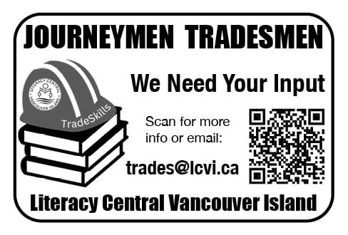 Literacy Central Vancouver Island Tradesmen survey June 2025 Ad in Coffee News