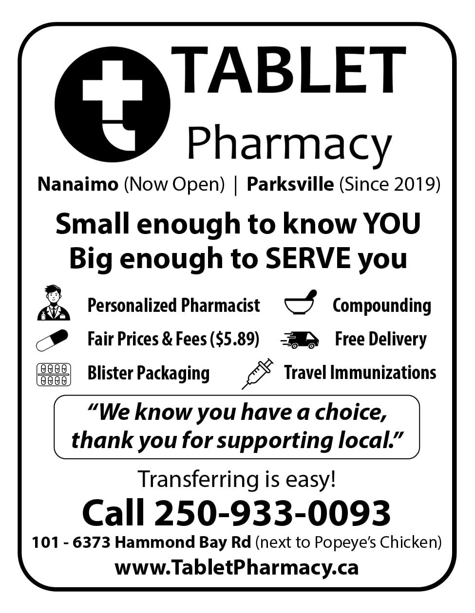 Tablet Pharmacy Nanaimo Parksville Qualicum Beach ad in Coffee News