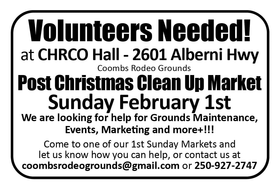 Volunteers Needed at CHRCO Hall Parksville Qualicum Nanaimo BC Ad in Coffee News