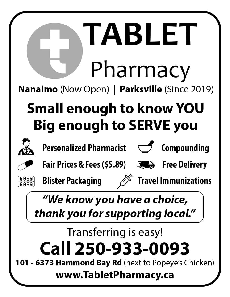 Tablet Pharmacy Nanaimo Parksville Qualicum Beach ad in Coffee News