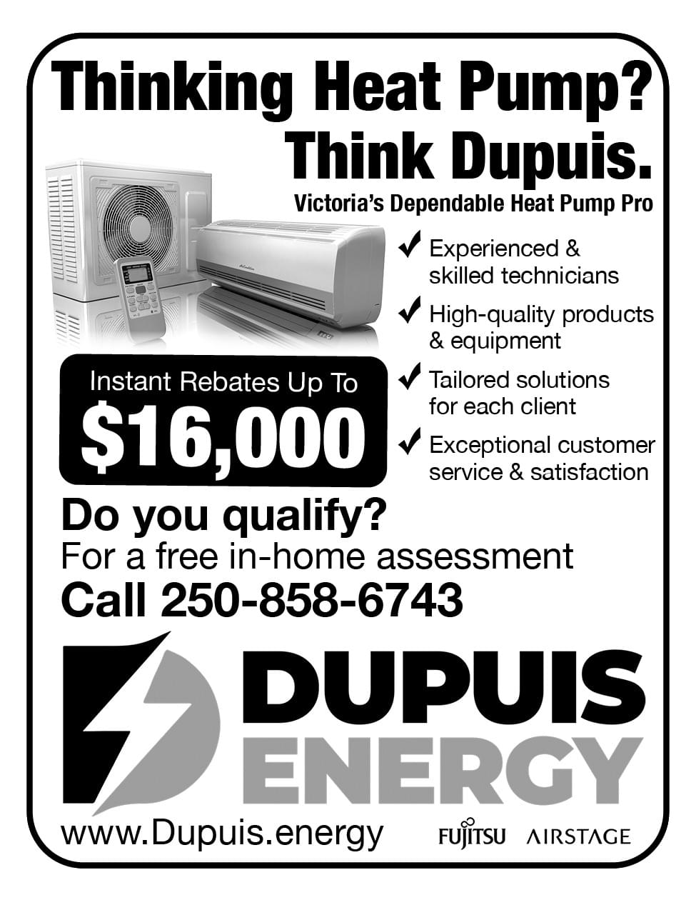 Dupuis Energy Heat Pumps Air Conditioning HVAC Victoria BC March 2026 Ad in Coffee News