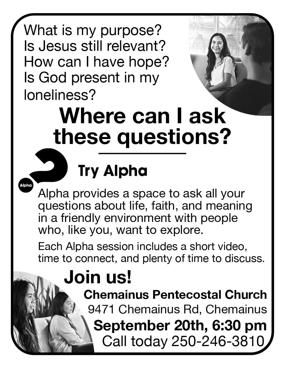 Try Alpha at Chemainus Penetecostal Church Ad in Coffee News